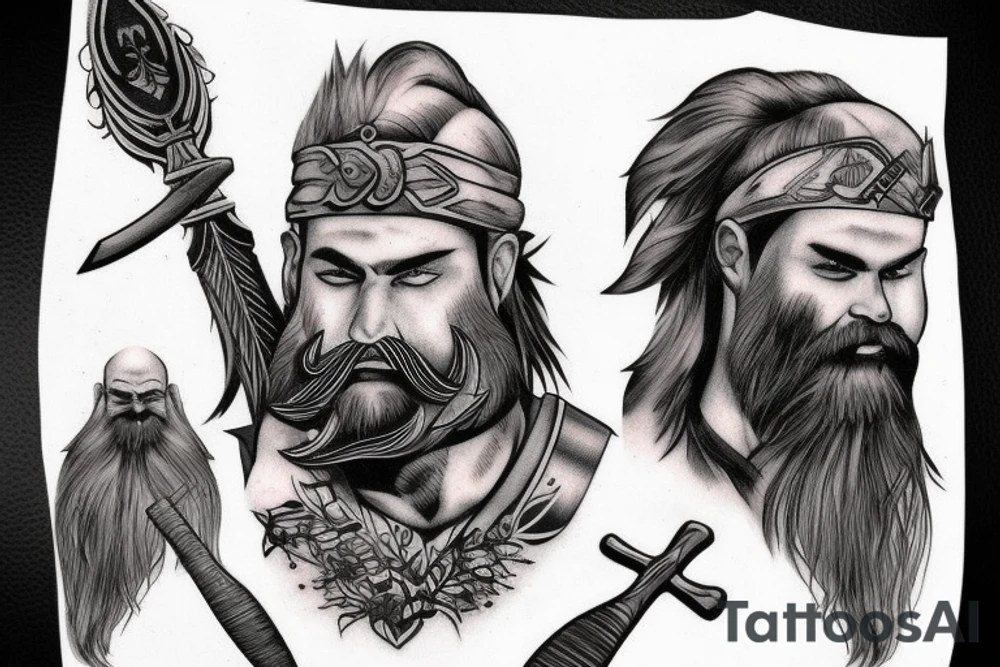 warrior with axe, beard, bald tattoo idea