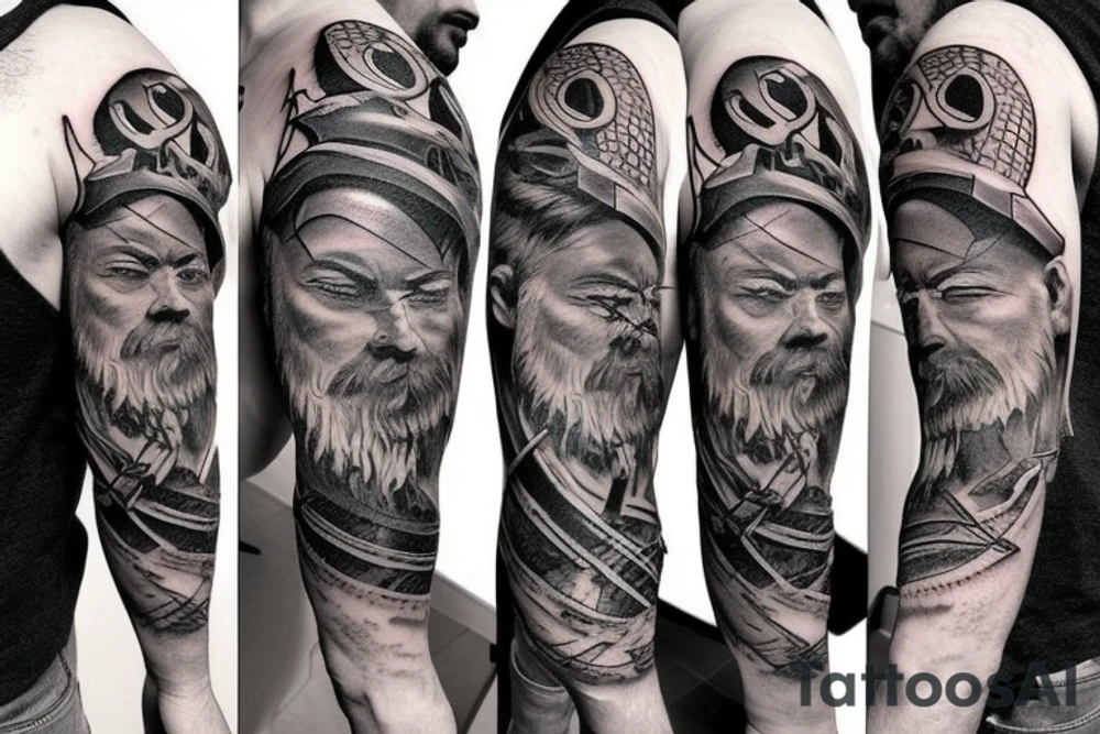 warrior with axe, beard, bald tattoo idea