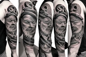 warrior with axe, beard, bald tattoo idea