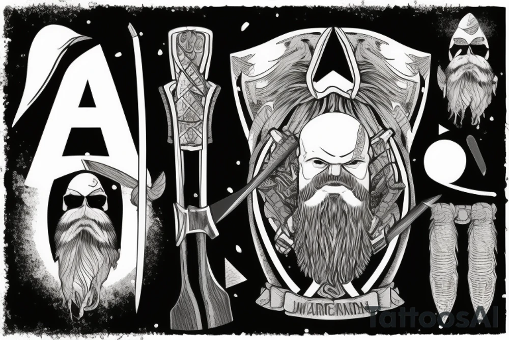 scandinavian warrior with axe, beard, bald tattoo idea