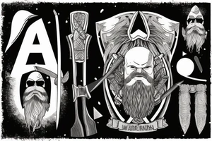scandinavian warrior with axe, beard, bald tattoo idea