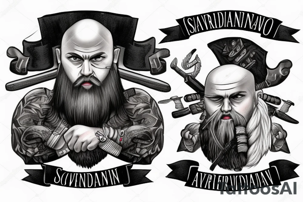 scandinavian warrior with axe, beard, bald tattoo idea