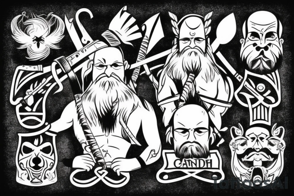 scandinavian warrior with axe, beard, bald tattoo idea