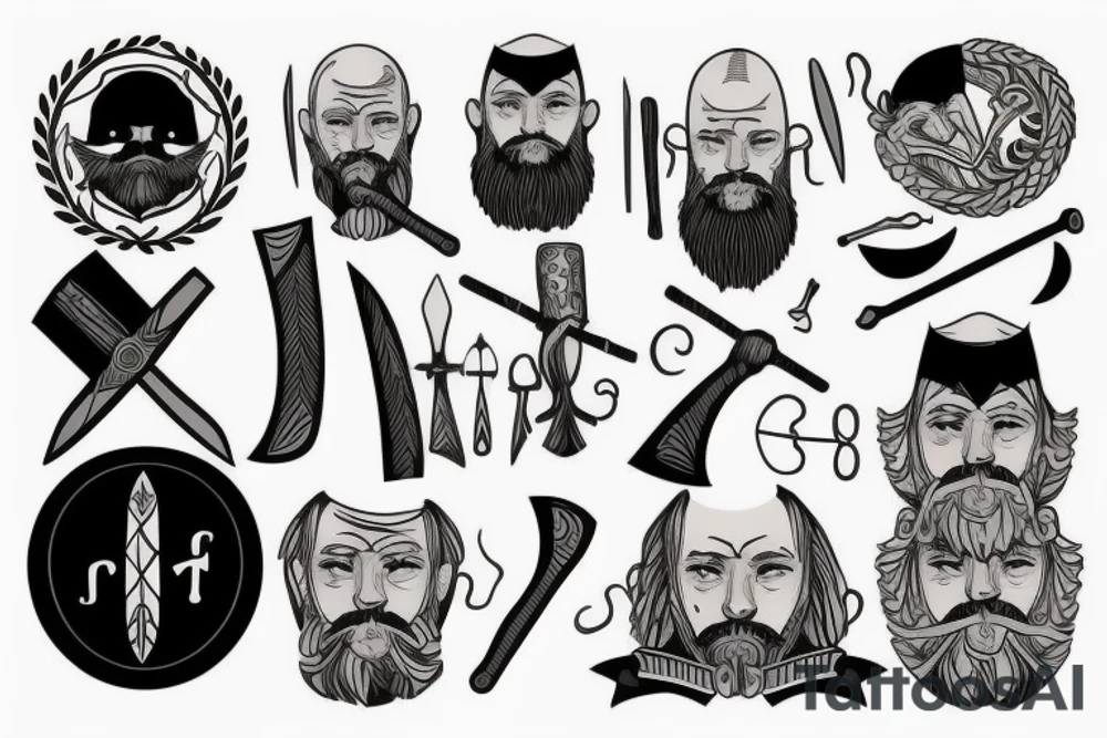 scandinavian warrior with axe, beard, bald tattoo idea