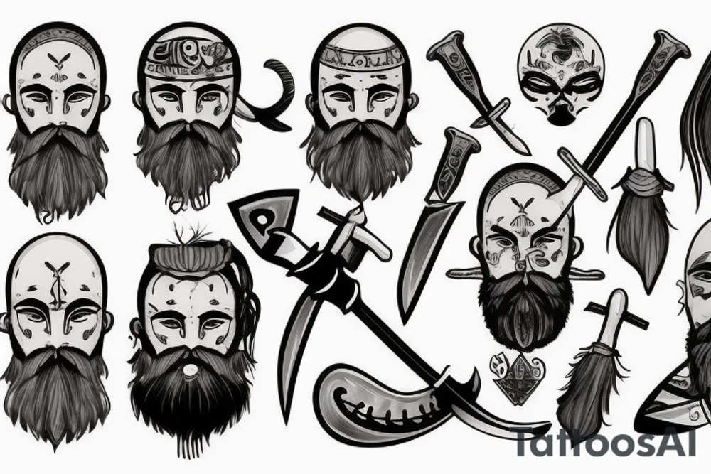 scandinavian warrior with axe, beard, bald tattoo idea