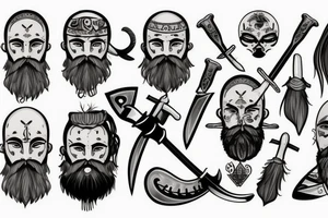 scandinavian warrior with axe, beard, bald tattoo idea