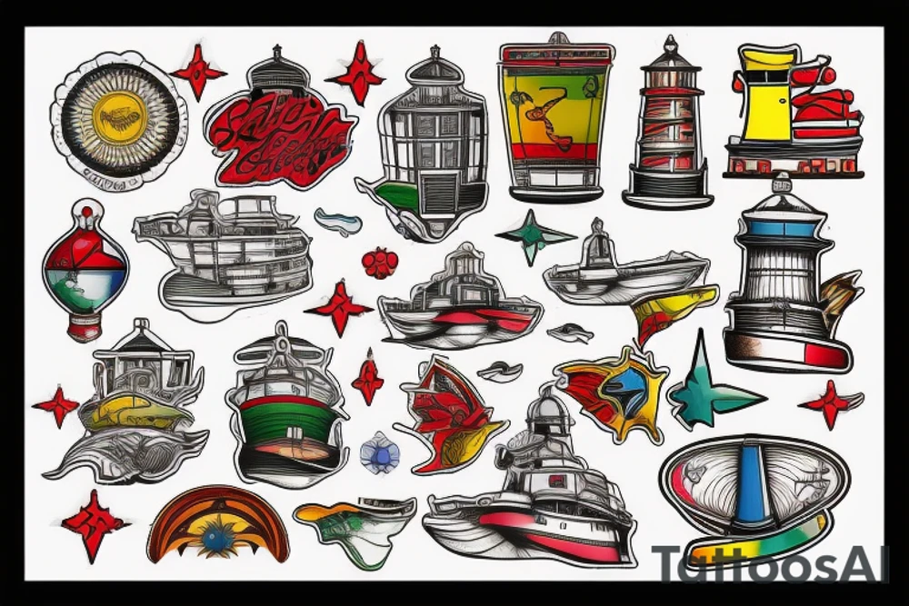 Ship, sky, lighthouse,red,blue,yellow,green,brown,white, tattoo idea