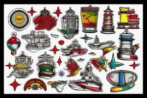 Ship, sky, lighthouse,red,blue,yellow,green,brown,white, tattoo idea