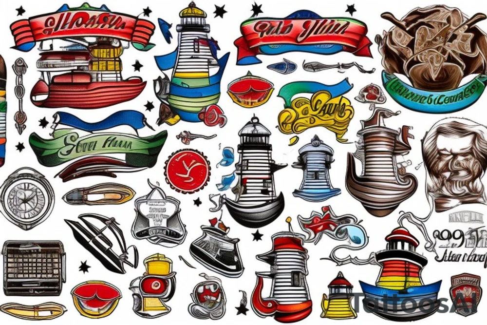 Ship, sky, lighthouse,red,blue,yellow,green,brown,white, tattoo idea