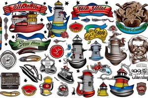 Ship, sky, lighthouse,red,blue,yellow,green,brown,white, tattoo idea