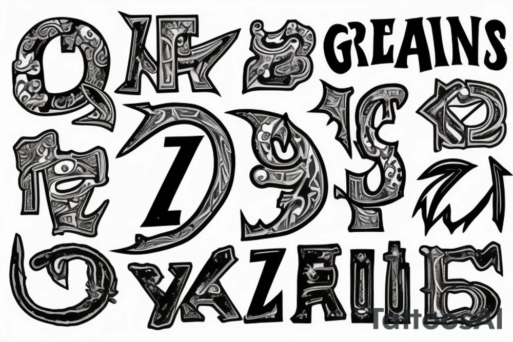 The letters GRAZZHOPPER, in old English lettering and lighting bolts instead of the Z’s tattoo idea