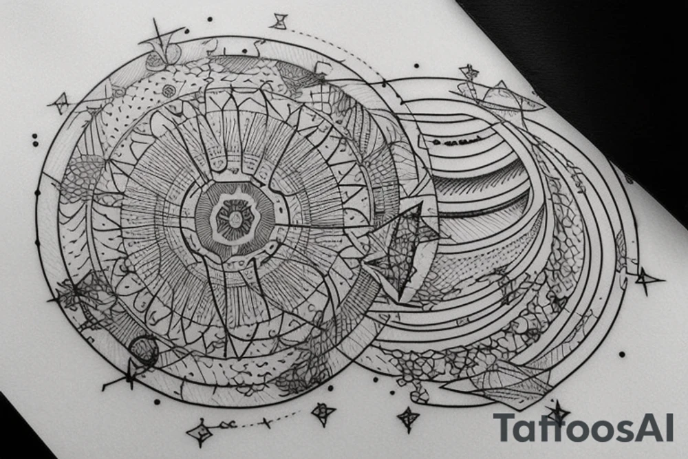 I really like the artwork style of Balazs Bercsenyi. Circles, fine lines, astrology tattoo idea