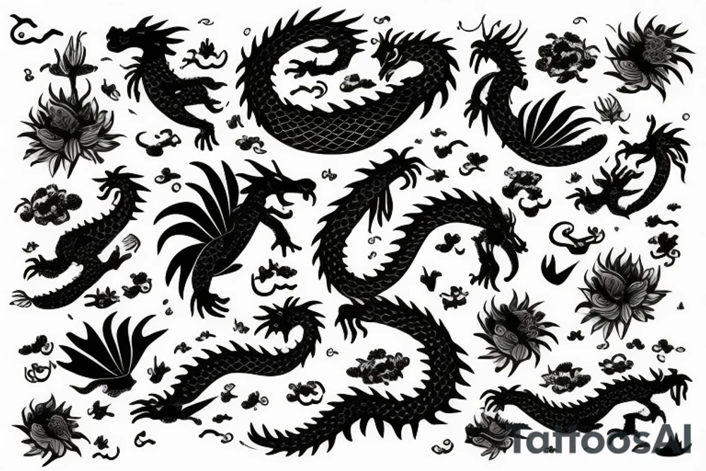 Dragon made out of flowers flying across an ocean sunset background tattoo idea