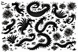 Dragon made out of flowers flying across an ocean sunset background tattoo idea