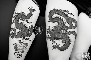 Japenese inspired dragon surrounded by flowers tattoo idea