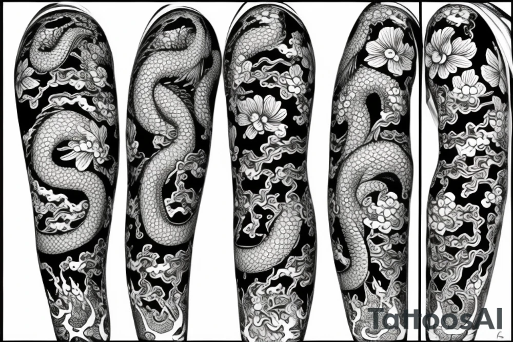 Japenese inspired dragon surrounded by flowers tattoo idea