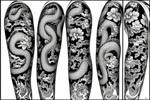 Japenese inspired dragon surrounded by flowers tattoo idea