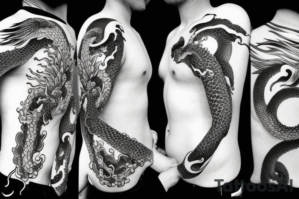 Japenese inspired dragon flying across the ocean tattoo idea