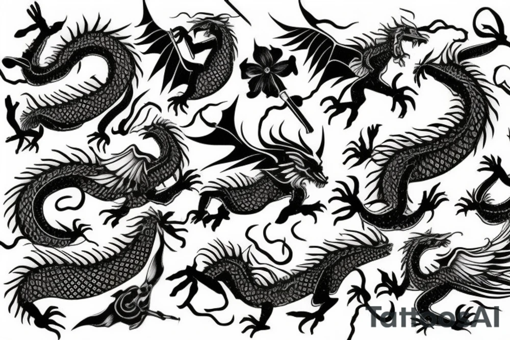 A mythical dragon made up of flowers flying through the sky tattoo idea