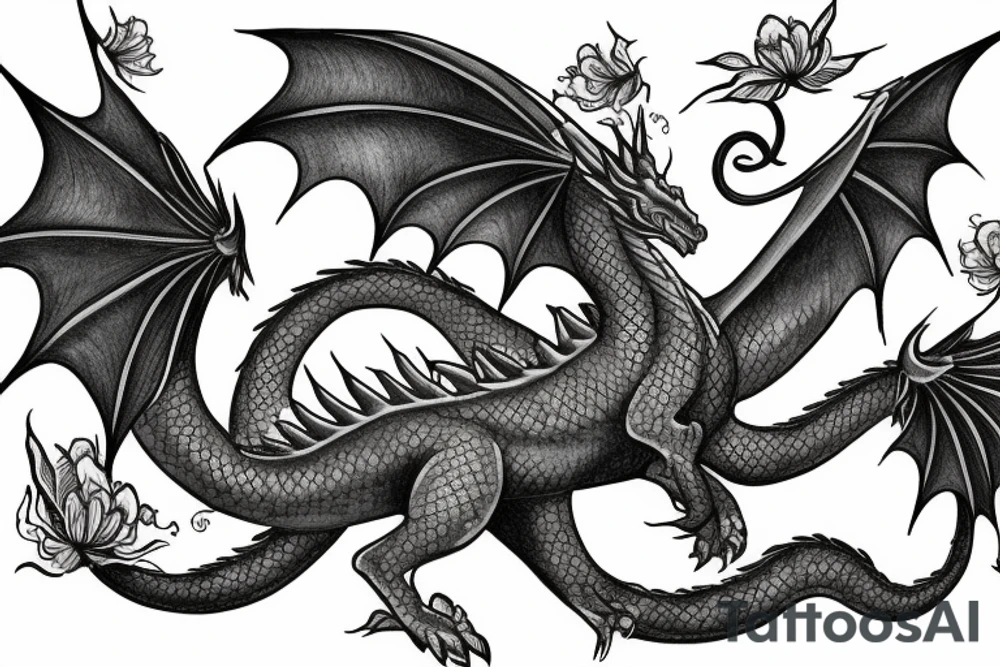 One big mythical dragon made up of flowers flying through the sky tattoo idea