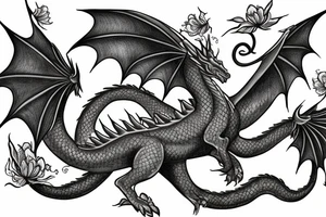 One big mythical dragon made up of flowers flying through the sky tattoo idea