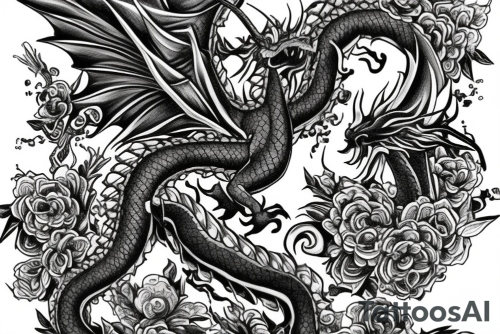 One big mythical dragon made up of flowers flying through the sky tattoo idea