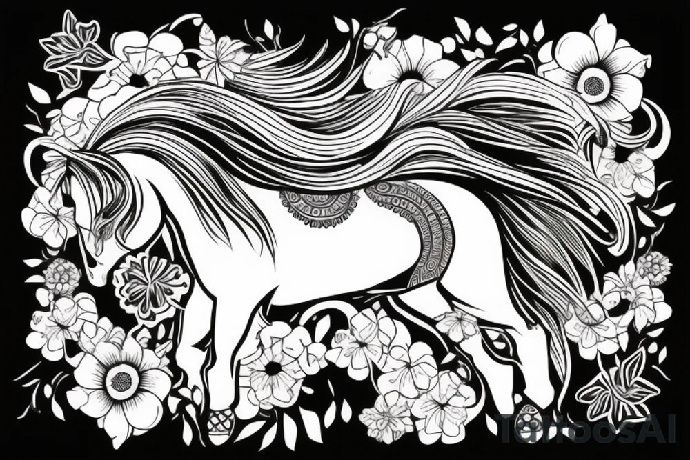 A beautiful horse surrounded by flowers tattoo idea