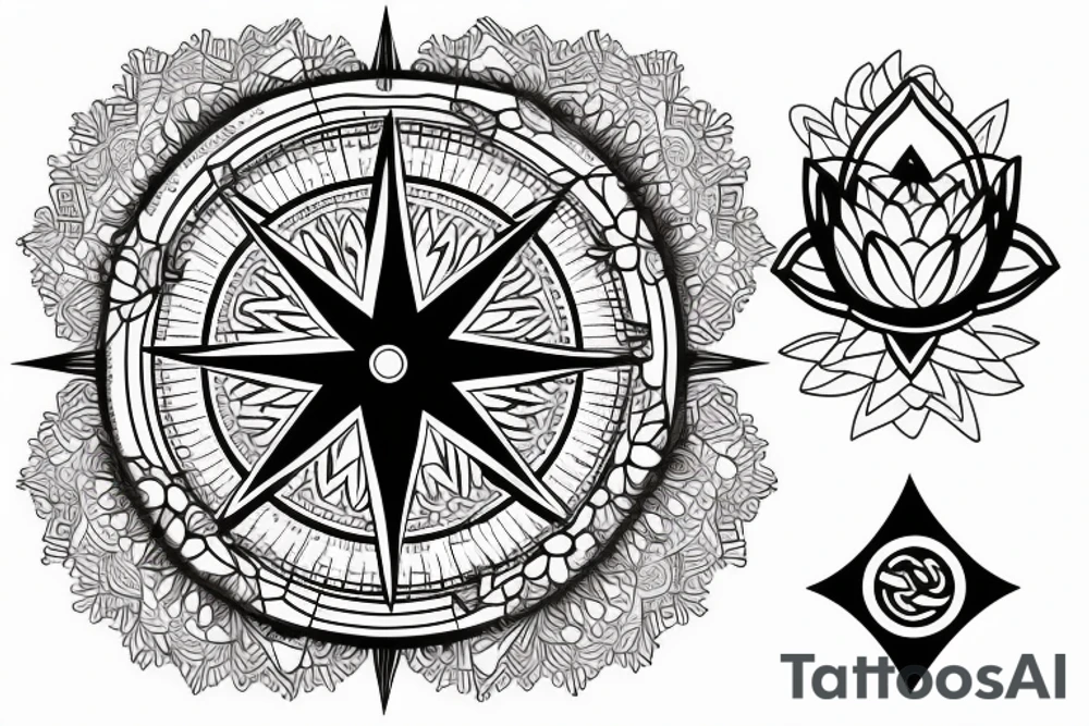 A compass surrounded by water and lotus flowers tattoo idea