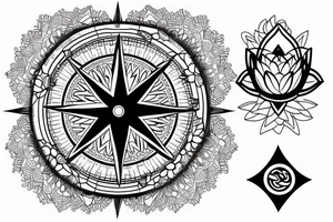 A compass surrounded by water and lotus flowers tattoo idea