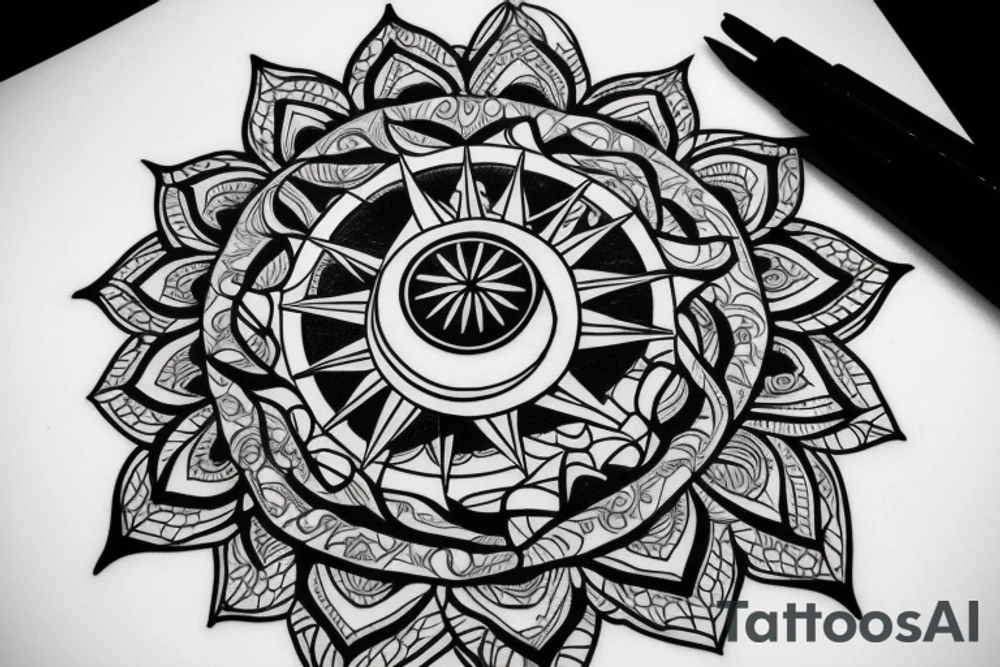 A compass surrounded by water and lotus flowers tattoo idea