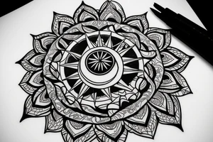 A compass surrounded by water and lotus flowers tattoo idea