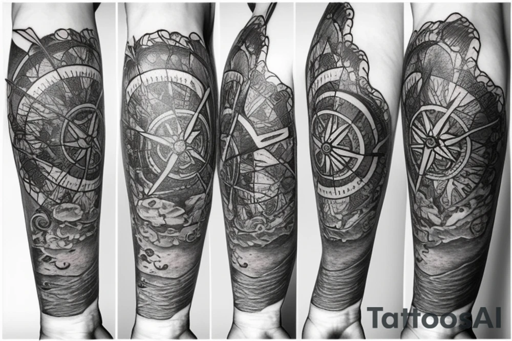A compass surrounded by water and lotus flowers tattoo idea