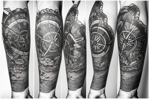 A compass surrounded by water and lotus flowers tattoo idea