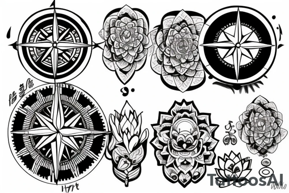 A compass surrounded by water and lotus flowers tattoo idea