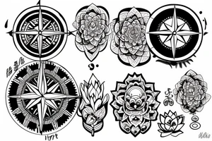 A compass surrounded by water and lotus flowers tattoo idea