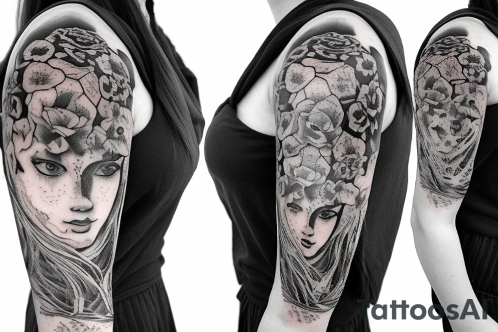 A half horse head fading away into flowers tattoo idea