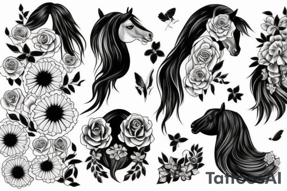 A horse head fading away into flowers tattoo idea