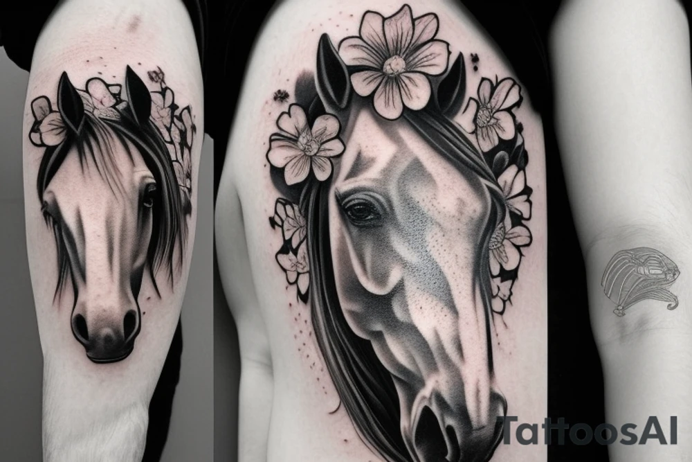 A horse head fading away into flowers tattoo idea