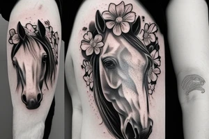 A horse head fading away into flowers tattoo idea