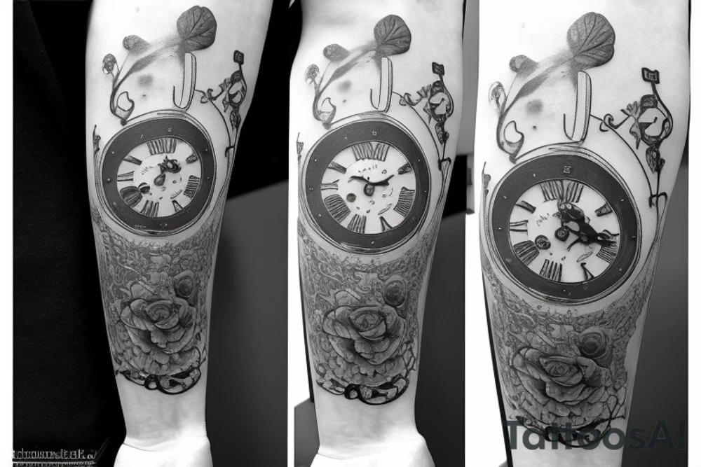 Grandfather clock in the shape of a crab with Roman numerals on 3:15 date 7/13/2018 with ivy leafs and roses tattoo idea