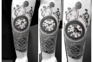 Grandfather clock in the shape of a crab with Roman numerals on 3:15 date 7/13/2018 with ivy leafs and roses tattoo idea