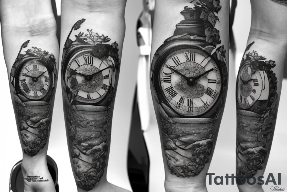 Grandfather clock in the shape of a crab with Roman numerals on 3:15 date 7/13/2018 with ivy leafs and roses tattoo idea