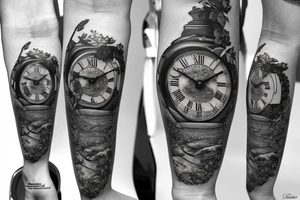 Grandfather clock in the shape of a crab with Roman numerals on 3:15 date 7/13/2018 with ivy leafs and roses tattoo idea