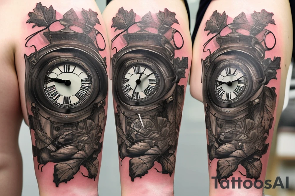 Grandfather clock in the shape of a crab with Roman numerals on 3:15 date 7/13/2018 with ivy leafs and roses tattoo idea