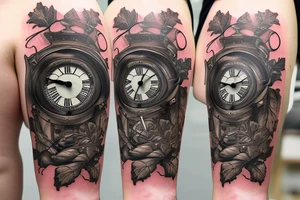 Grandfather clock in the shape of a crab with Roman numerals on 3:15 date 7/13/2018 with ivy leafs and roses tattoo idea