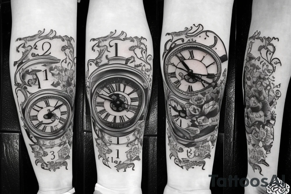 Grandfather clock in the shape of a crab with Roman numerals on 3:15 date 7/13/2018 with ivy leafs and roses tattoo idea