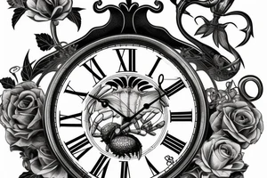 Grandfather clock in the shape of a crab with Roman numerals on 3:15 date 7/13/2018 with ivy leafs and roses tattoo idea