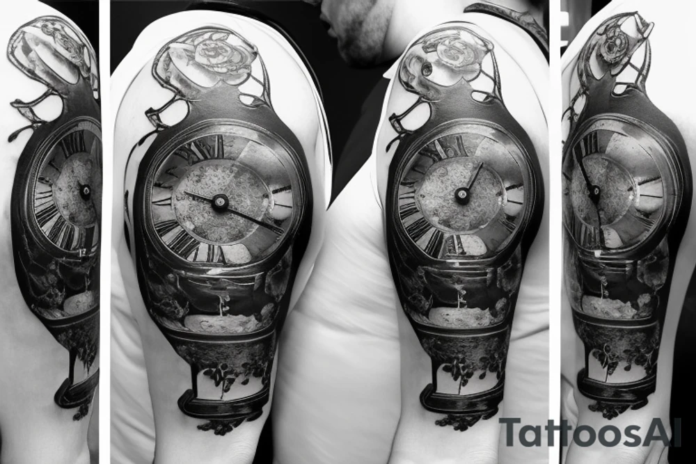 Grandfather clock in the shape of a crab with Roman numerals on 3:15 date 7/13/2018 with ivy leafs and roses tattoo idea