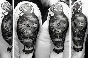 Grandfather clock in the shape of a crab with Roman numerals on 3:15 date 7/13/2018 with ivy leafs and roses tattoo idea