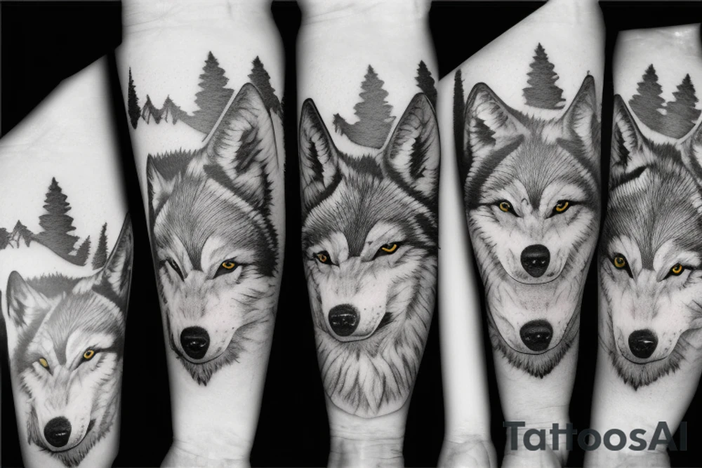 Pack of wolves in the woods with baby wolves tattoo idea